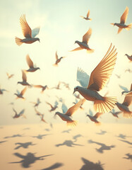 Obraz premium A Flock of Doves Soaring in a Golden Sunset Sky: A Symbol of Peace and Tranquility