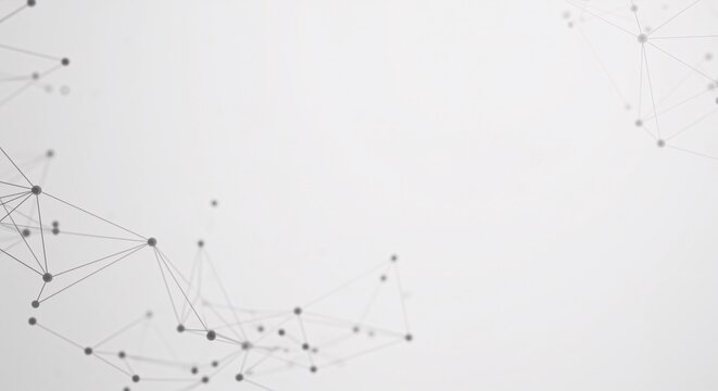 A minimalist, grayscale image featuring a complex network of interconnected dots and lines on a bright white background