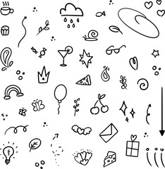 Abstract hand drawn doodles arrows swirls and hearts