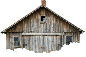 Naklejka premium Weathered Wooden Barn Exterior With Closed Doors Small Windows and Brick Chimney