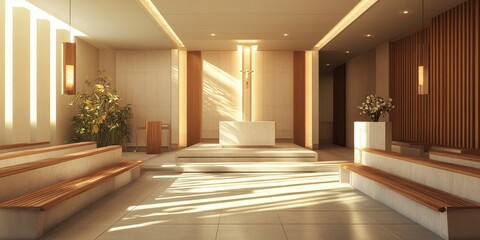 A serene hospital chapel, offering a peaceful space with soft lighting and simple decor
