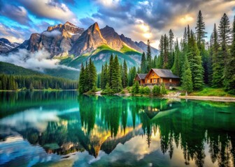 Fototapeta premium Emerald Lake Lodge Yoho National Park: Double Exposure Mountain Scenery Photography