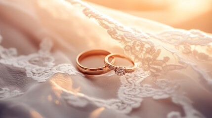 Elegant wedding rings on delicate lace, symbolizing love and commitment