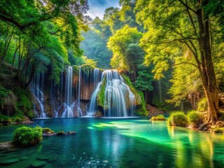 Obraz premium Enchanting Forest Waterfall Oasis: High-Resolution Serenity Photo