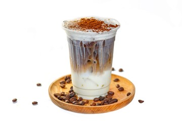 Pictures of latte ice coffee serving on wooden plates and coffee beans spread white background and isolate concept.