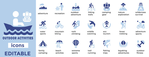 Adventure ready Outdoor Activities vector icons for camping, hiking, sports and travel. Perfect for web and print