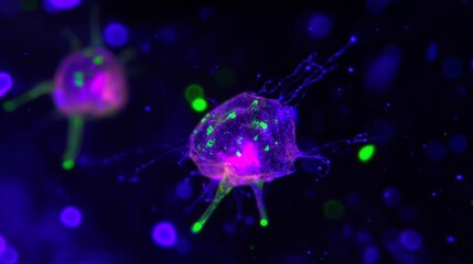 Highly Detailed Microscopic View of Neural Network Brain Cells with Glowing Synapses. Abstract Representation of Biological Neurons, Artificial Intelligence, and Neuroscience Concepts