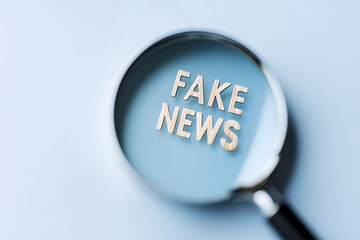 Magnifying glass focusing on the words 'FAKE NEWS,' highlighting issues of misinformation and the importance of critical evaluation.