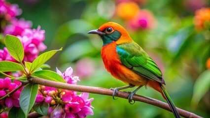 Obraz premium Vibrant Tropical Bird Perched on a Branch Amidst Blossoming Flowers in a Lush Garden Setting