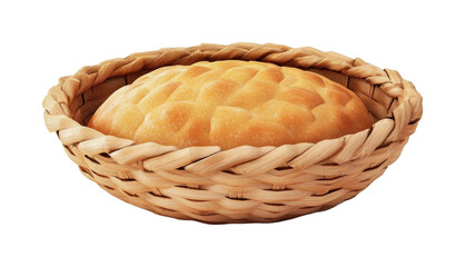 Freshly baked bread in a woven basket for serving at a rustic dining table, cut out