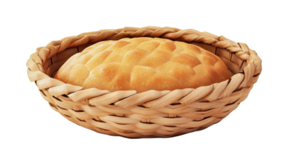 Freshly baked bread in a woven basket for serving at a rustic dining table, cut out