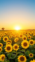 Fototapeta premium Vibrant sunflowers blooming at sunrise in a vast field, seasonal beauty