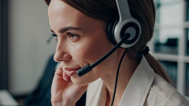 Professional Young Adults in Business Attire Engaged in Remote Customer Service Support at Modern Office Desks, Utilizing Headsets and Laptops in a Bright Workspace