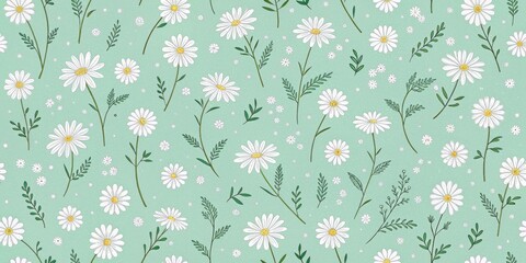 a repeating pattern featuring daisies and leaves on light green background. This image evokes a sense of nature, freshness, and delicate beauty.