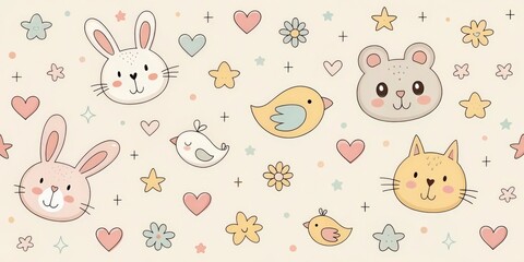 Obraz premium Cute animals seamless pattern background design with bunny, cat, mouse and bird. Pastel color palette, perfect for kids' room decor or textile print