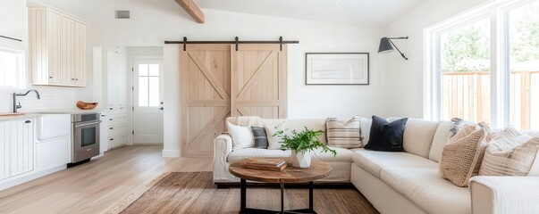 Rustic modern farmhouse interior design cozy living room bright environment contemporary style