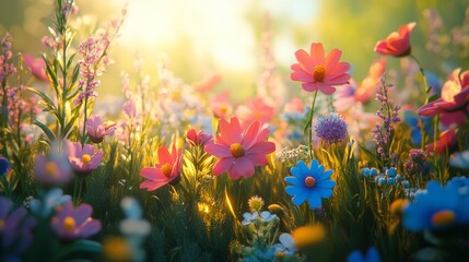 Bright 3D wildflowers in a meadow-style arrangement, captured with depth
