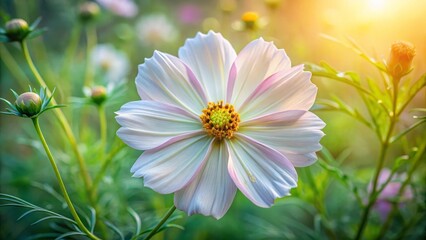 Fototapeta premium A Delicate White Cosmos Flower Basking in Golden Sunlight Amidst a Field of Blooming Buds