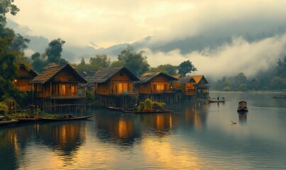 Fototapeta premium Wooden houses on stilts are reflected in the calm Inle Lake as dusk falls.