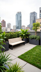 Obraz premium Modern rooftop garden with seating area amidst urban skyline, tranquility
