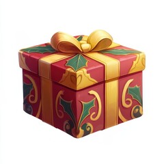 Festive Red Gift Box with Yellow Ribbon and Green Leaf Design