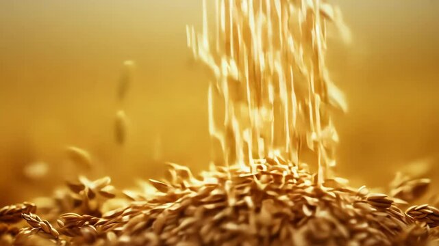 Wheat is falling in heap on harvest season. Agricultural concept with rye or wheat seeds pouring