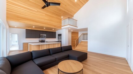 A modern living room with high ceilings and white walls, featuring an L-shaped black sofa on the left side of the space. 