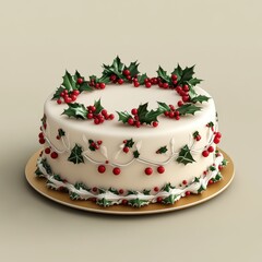 Fototapeta premium Elegant Holiday Cake Decorated with Holly and Berries on a Plate
