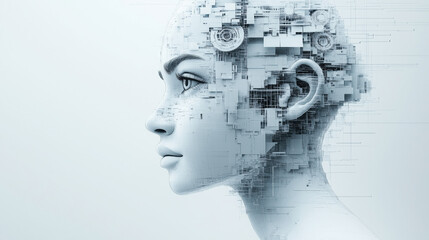 Artificial intelligence woman showing digital thinking process
