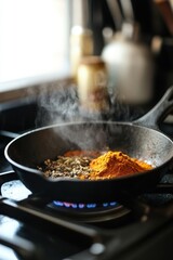A serene scene of spices being roasted in a cast-iron skillet on a stove