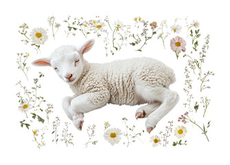 Sweet sleeping lamb surrounded by wildflowers creating a peaceful spring atmosphere for nature lovers and farm enthusiasts, cut out