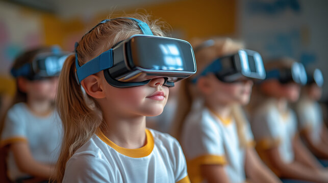 A modern classroom with students using AR/VR headsets, immersed in learning.