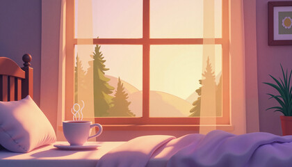 Dreamy morning glow with steaming cup of coffee by bedside, tranquility