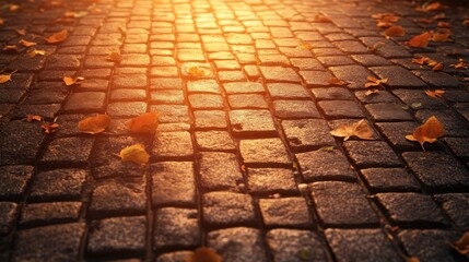 A cobblestone path adorned with autumn leaves, illuminated by warm sunlight.