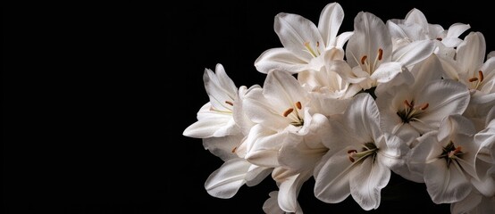 Close-up bunch white lilies black background are full A banner