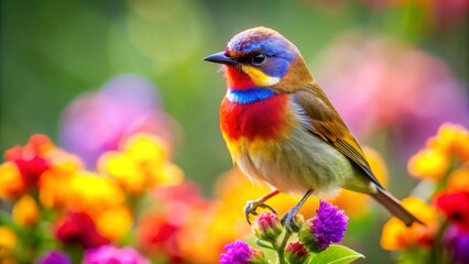 Obraz premium Vibrant Rainbow Bird Perched on a Colorful Flower Cluster in a Lush Garden
