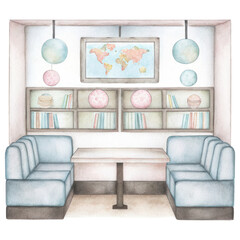 Zodiac Coffee Lovers clipart, Cozy cafe interior with world maps, bookshelves, and soft seating