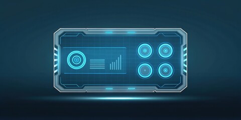 Fototapeta premium futuristic interface panel with a digital display and glowing blue elements. The panel is set against a dark background and it suggest advanced technology