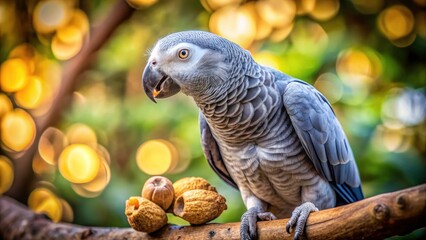 Obraz premium Gray Parrot Jaco Eating Walnuts: Bokeh Photography, Bird, Pet, Wildlife, Nature