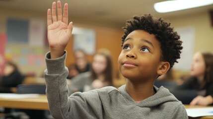 A student raising their hand during a math class, eager to answer a question