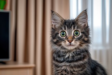 Playful Cat Portrait in Cozy Living Room Adorable Pet Photography Natural Light Indoor Setting Captivating Expression