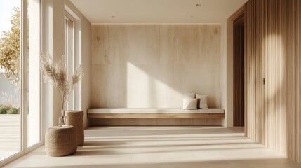 The modern Nordic style entrance hall features neutral tones, wooden embellishments with benches, and cream tones. Minimalist interior design that combines functionality with elegant beauty.