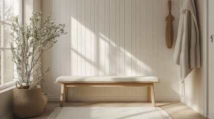The modern Nordic style entrance hall features neutral tones, wooden embellishments with benches, and cream tones. Minimalist interior design that combines functionality with elegant beauty.