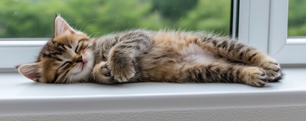 Sleeping Kitten Relaxing on Window Sill Cozy Indoor Setting Adorable Pet Photography Calm Environment Soft Lighting