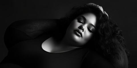 Naklejka premium A studio shot of a plus-size model in monochromatic tones, with bold lighting and shadows