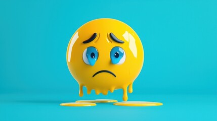 Fototapeta premium Sad yellow emoji with blue eyes and melting face on a bright turquoise background