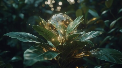 Sparkling orb emerging from lush green foliage in a vibrant forest at dusk, illuminating the surrounding nature
