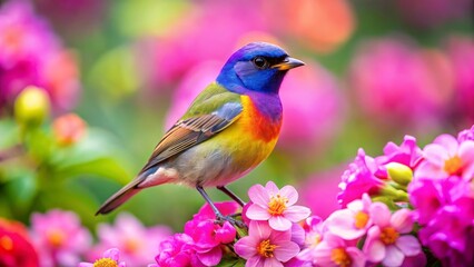 Vibrant Plumage of a Colorful Bird Perched Gracefully Amidst a Blossoming Garden of Delicate Pink Flowers