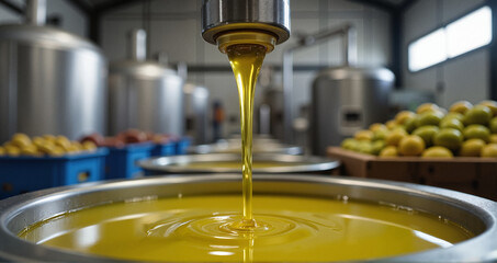 Olive oil being pressed and poured from machinery in production facility in Italy,The photo is suitable for popularizing farms, natural products, for advertising organic olive oil