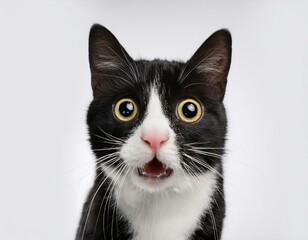 portrait o tuxedo cat looking at camera surprised or shocked on white background